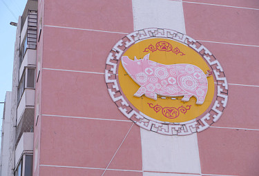 Год Свиньи. Изображение символа года на стене многоэтажки в Улан-Удэ