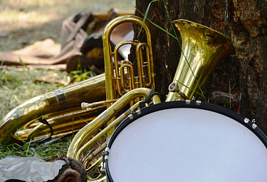 Музыкальные инструменты. Барабан и трубы на фоне леса