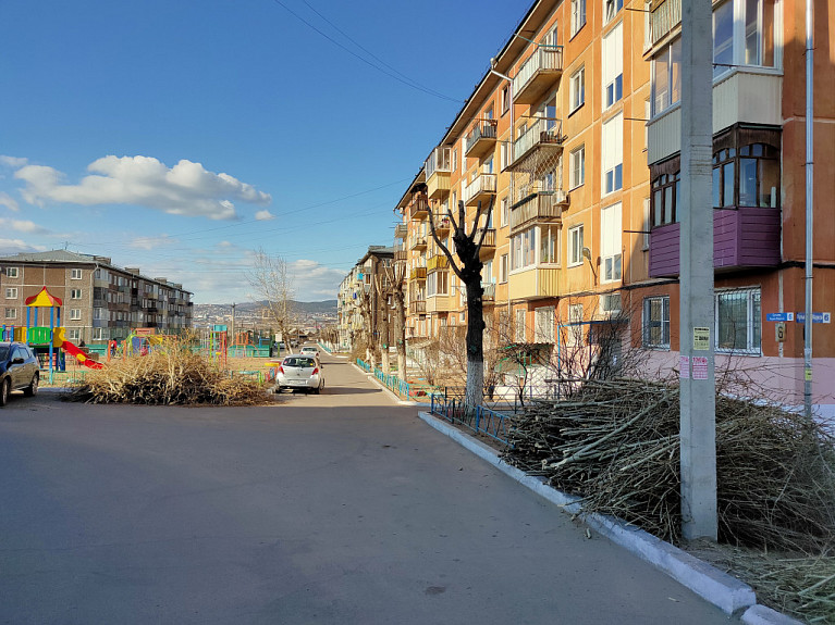 Улан-Удэ. Двор с кучами веток от обрезки деревьев
