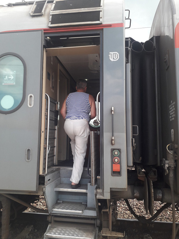 Пассажир садится в вагон поезда РЖД
