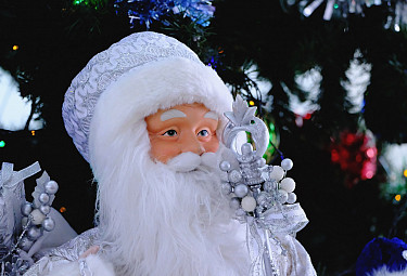 Игрушечный Дед Мороз с мешком и посохом на фоне новогодней елки