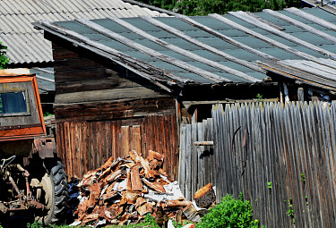 Российская деревня. Трактор, дом, забор, на траве - дрова