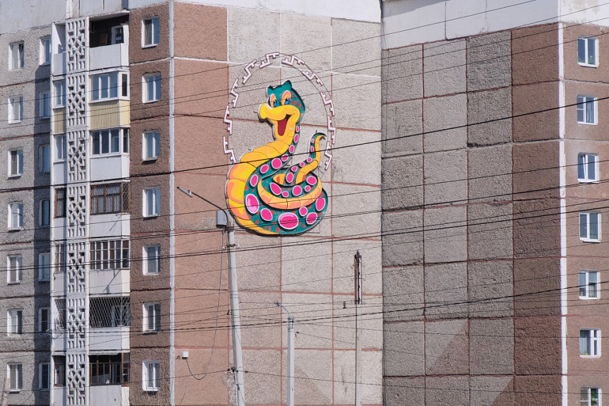 Год Змеи по восточному календарю. Символ Года - на стене многоэтажки в городе Улан-Удэ